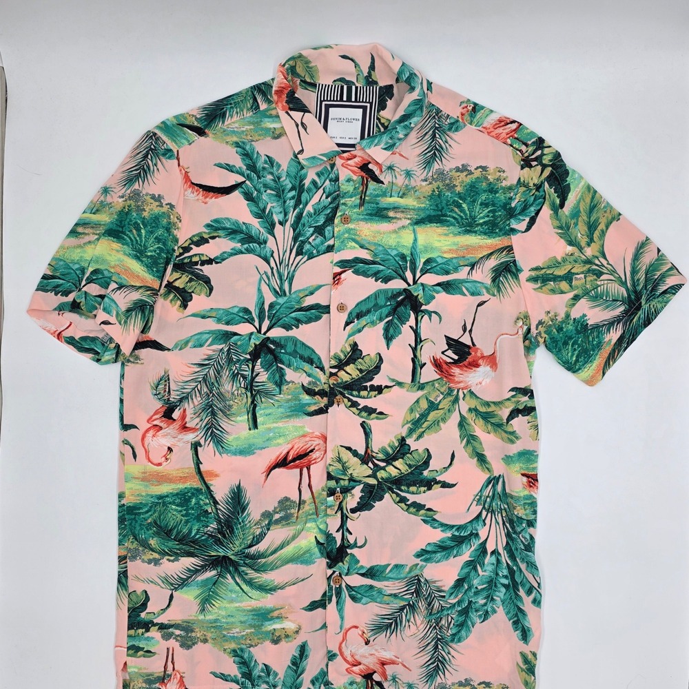 DENIM & FLOWER Ricky Singh Mens Hawaiian Shirt Flamingo Palm Tree Print‎ Pink
